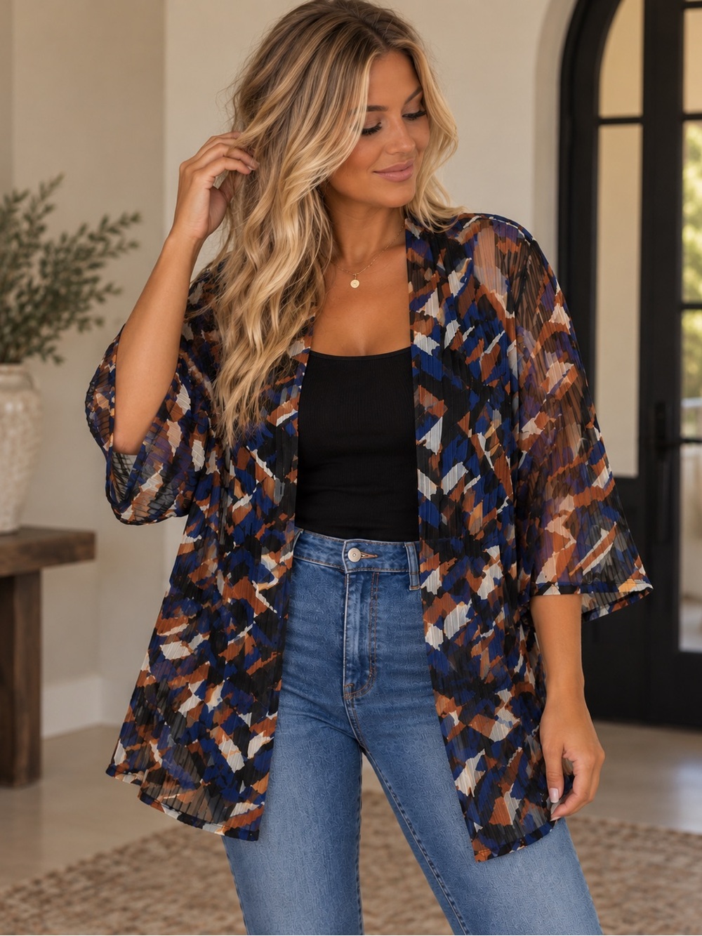 Kasper Sheer Geometric Kimono Cardigan